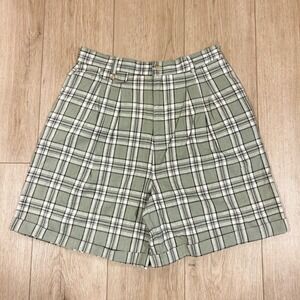 White Stag Vintage Sage Green Plaid Linen Blend Pleated Cuffed Shorts Womens 14
